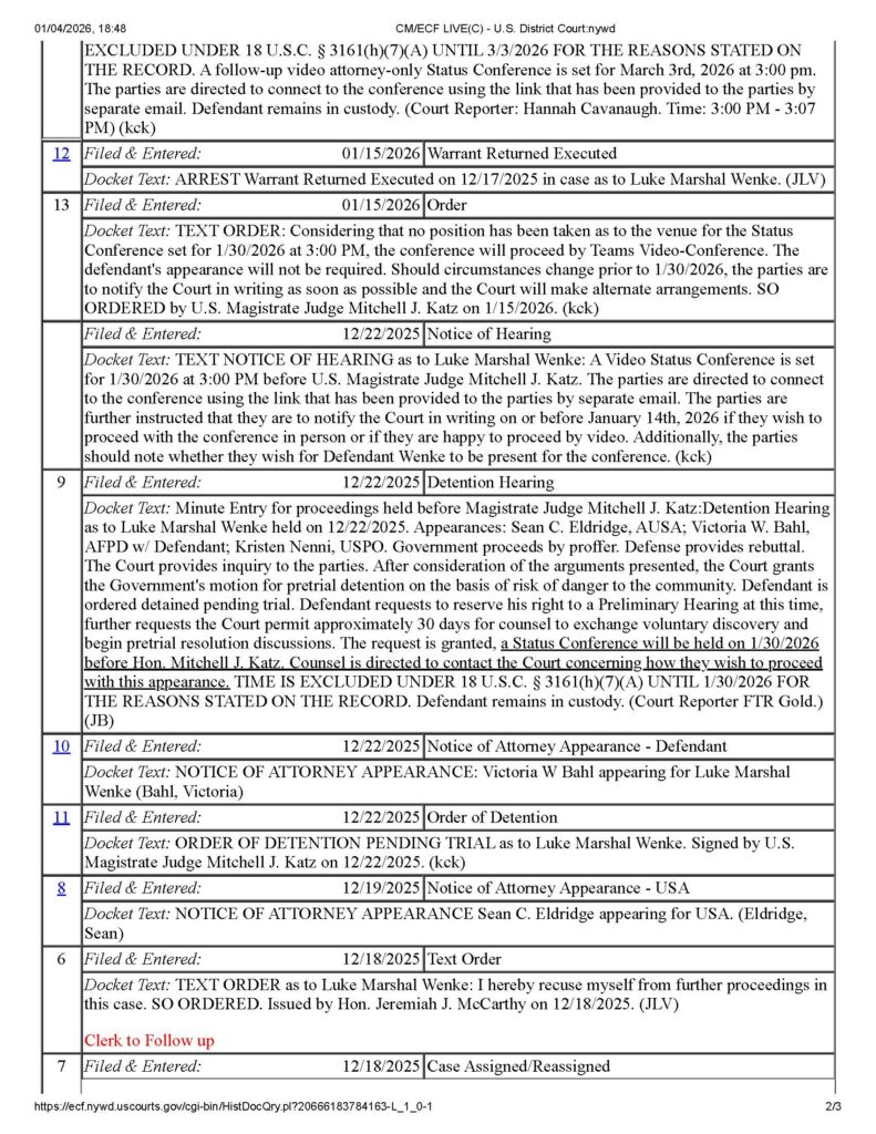 docket report for usa v luke wenke cyberstalking case 04-01-2026