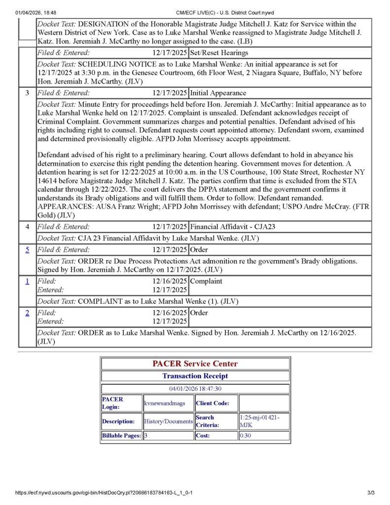 docket report for usa v luke wenke cyberstalking case 04-01-2026
