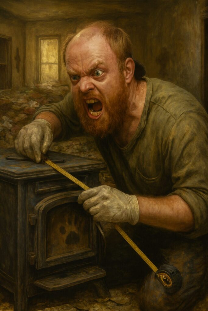 angry bearded white man measuring a pellet stove painterly image