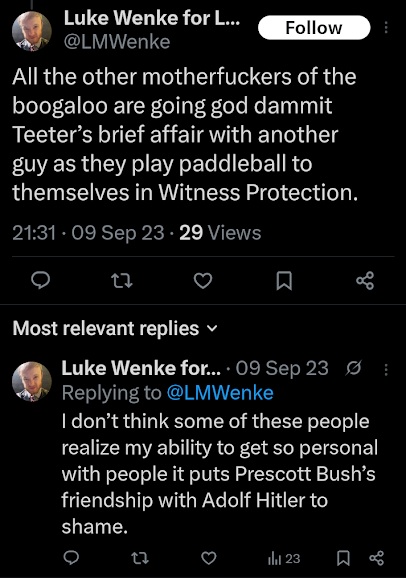 screenshot of a september 2023 Luke Wenke x/twitter post whining about romantic obsession ryan teeter