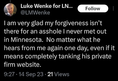 remorseless luke wenke says he'll never forgive his victim x/twitter screenshot september 2023