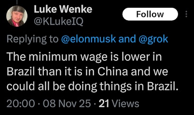 screenshot of a november 2025 luke wenke x/twitter post about minimum wage in brazil