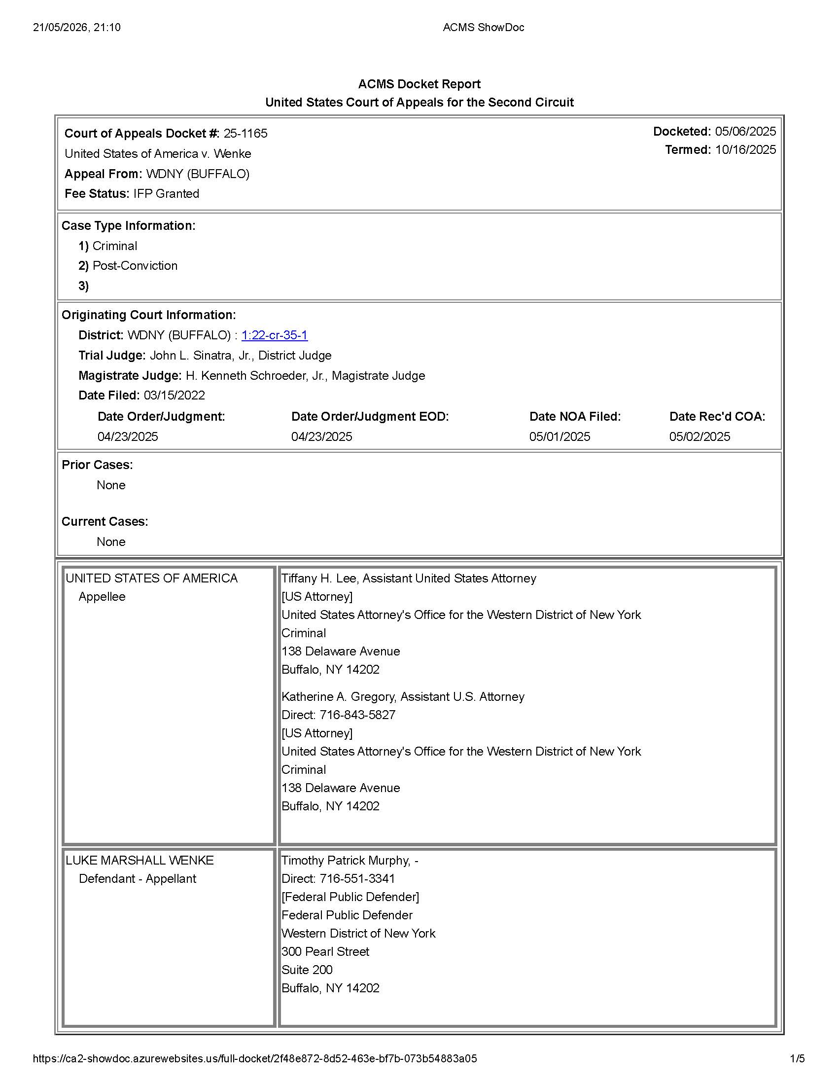A docket report pertaining to Luke Wenke's first appeal in his federal cyberstalking case.