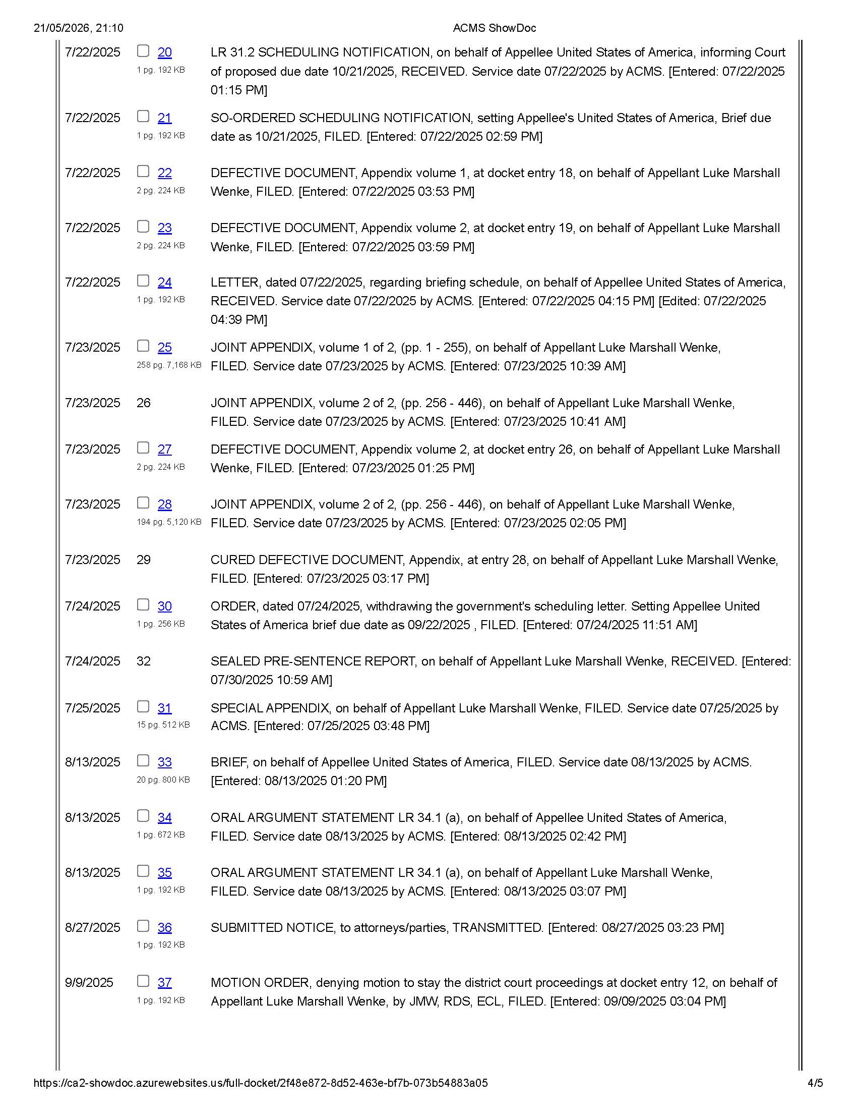 A docket report pertaining to Luke Wenke's first appeal in his federal cyberstalking case.