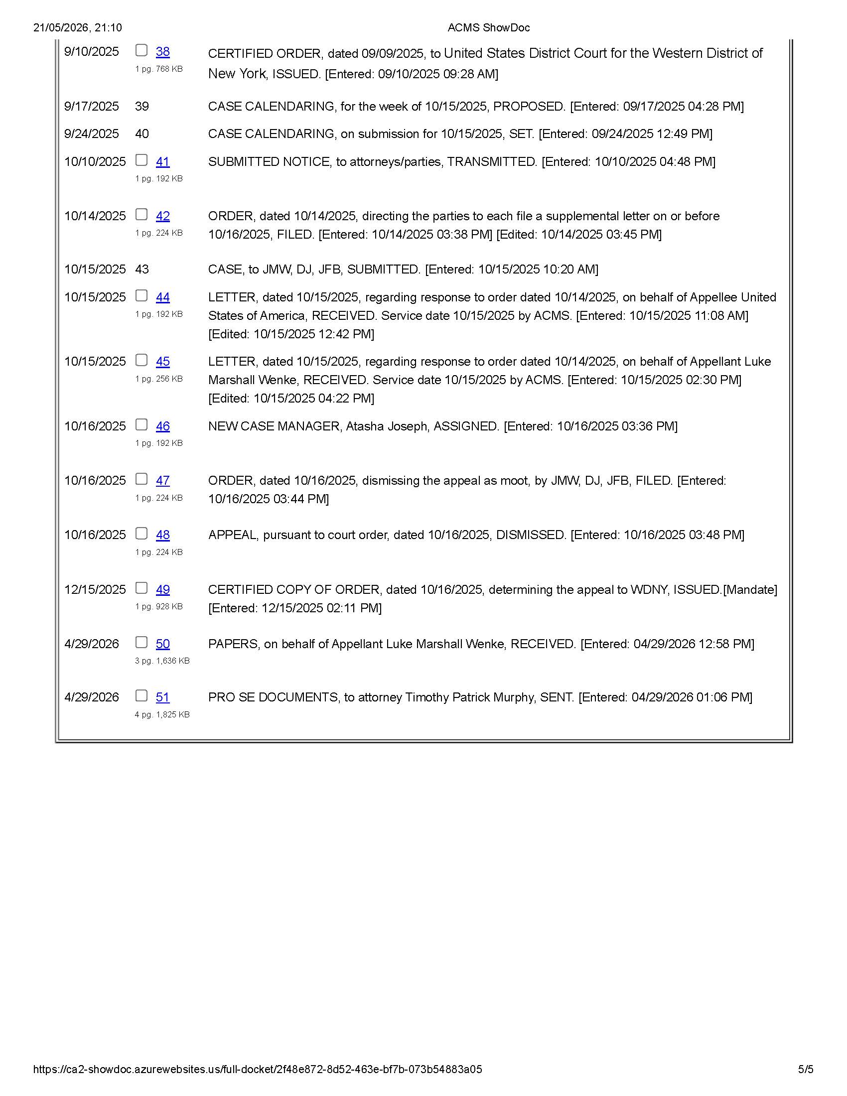 A docket report pertaining to Luke Wenke's first appeal in his federal cyberstalking case.