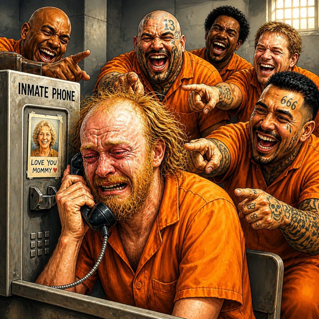 painterly/comic-like image of a generic balding white jail inmate crying during a phone call with his mommy while fellow inmates point and laugh