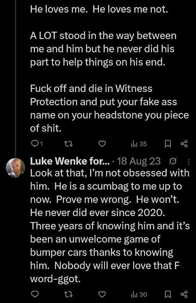 screenshot of an August 2023 Luke Wenke X/Twitter post fixating on romantic obsession Benjamin Ryan Teeter