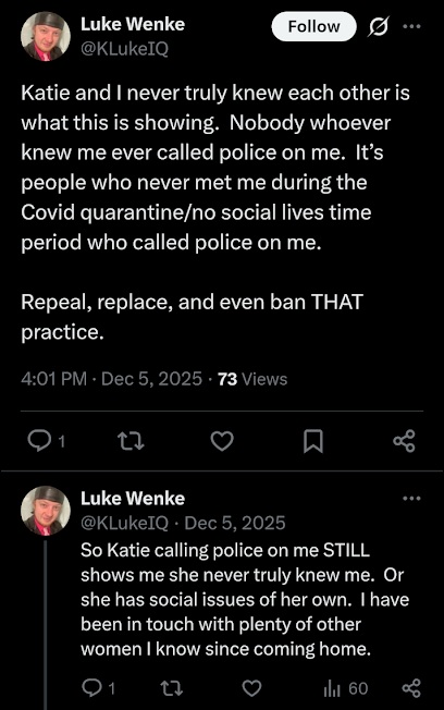screenshot of a december 2025 Luke Wenke X/Twitter post obsessing over stalking victim Katie