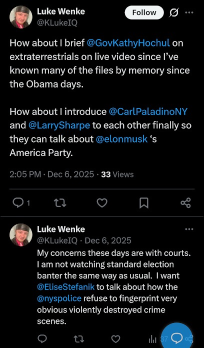 screenshot of a december 2025 luke wenk tweet to ny governor kathy hochul