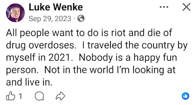 screenshot of a september 2023 Luke Wenke Facebook post mocking addicts