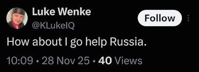 screenshot of a november 2025 luke wenke x/twitter post siding with russia over the united states