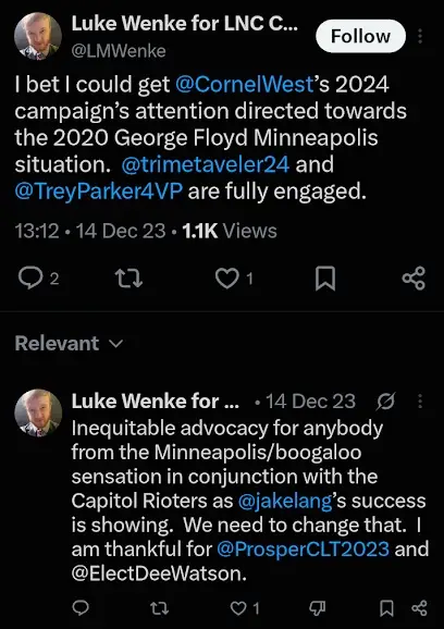 screenshot of a December 2023 Luke Wenke X/Twitter post mentioning George Floyd & the 2020 Minneapolis protests